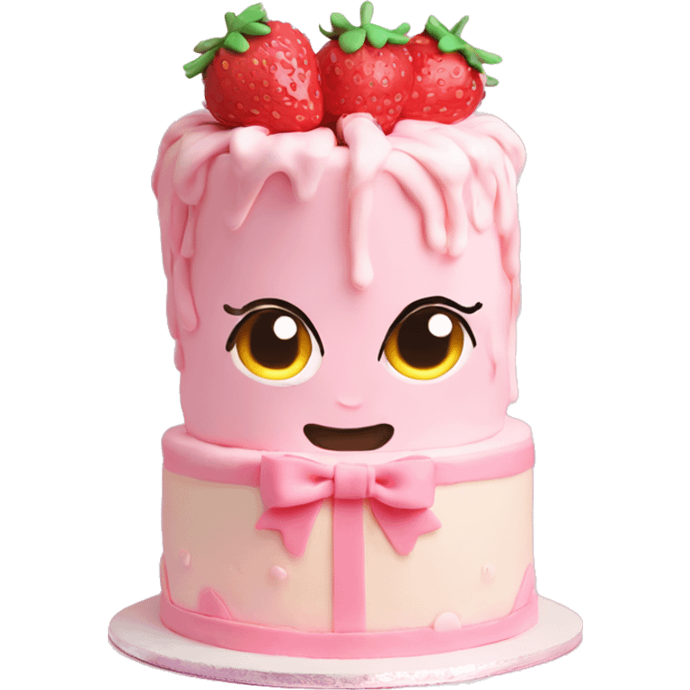 Light Pink strawberries and cream birthday cake with in bow emoji