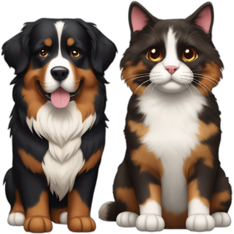 A Bernese dog next to A tortoiseshell cat with no white fur emoji