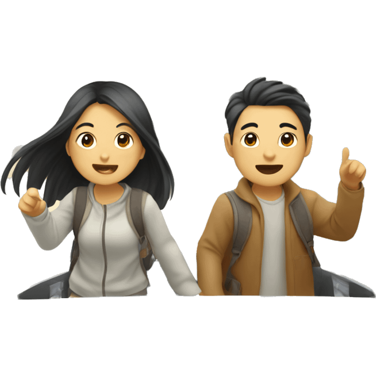 Cute Asian couple (girl with long hair) excitedly traveling  emoji