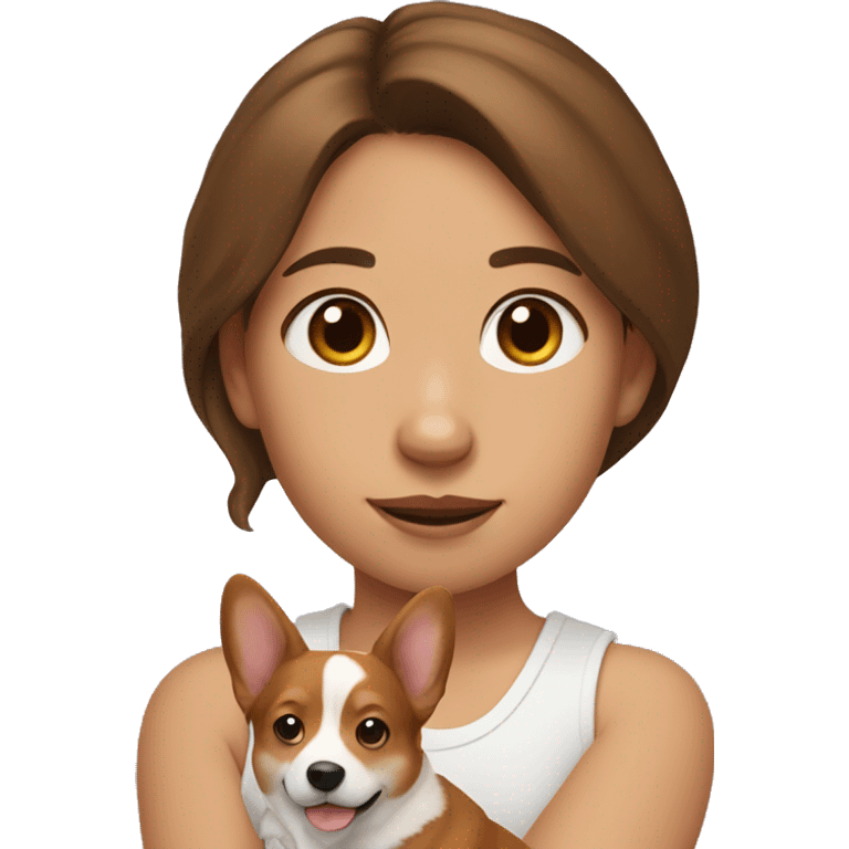 a girl with brown hair has a corgi on her arms emoji