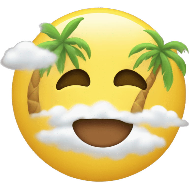 A yellow round emoji with palms on the cheeks blushing, eyes closed and the head is floting on  a fluffy cloudd emoji