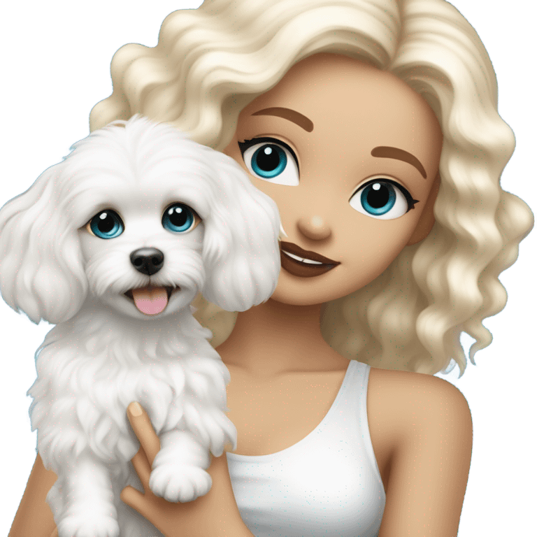 White Cute long haired Blonde and blue-eyed girl fashion nightclub outfit and holding happy white cavachon dog emoji