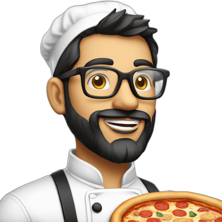 Dark haired 30 years old chef with beard and big glasses proudly holding a pizza emoji