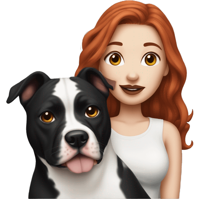 Long Red haired woman with septum piercing holding black and white English Staffordshire dog emoji