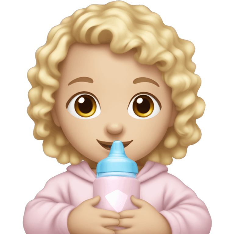 sitting baby girl with pale skin and blonde curly hair wearing a light pink onesie and holding a light blue baby bottle emoji