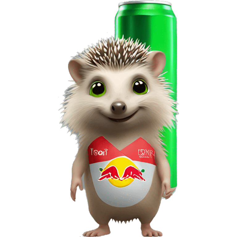 Cute little Hedgehog with green eyes and a Red Bull energy drink  emoji