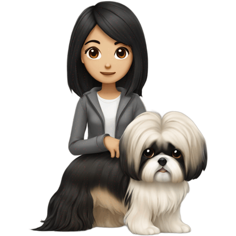 long black hair korean girl with beige and black shih tzu yorkie emoji