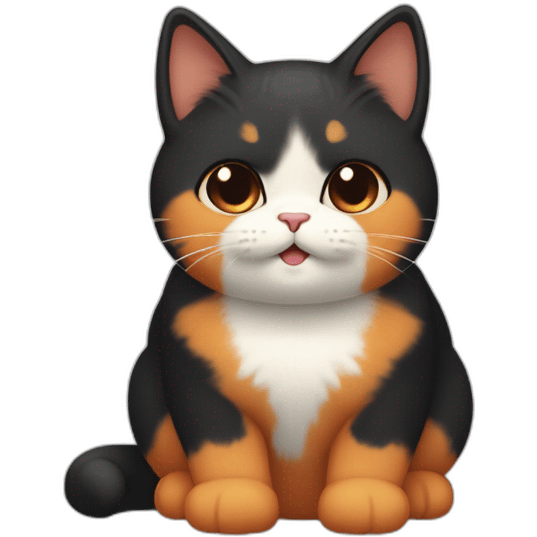 cute calico cat with a round face and chubby cheeks, black fur on left side and orange fur on right side emoji