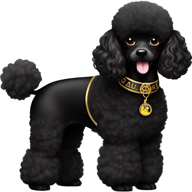 Black miniature poodle with a black Versace collar with a name tag that says Lucy  emoji