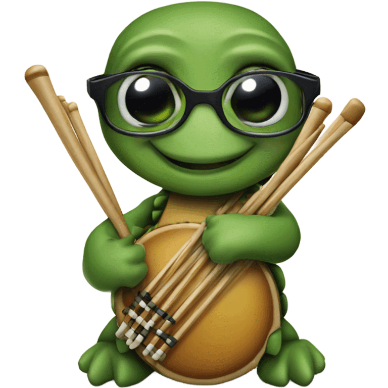 Turtle wearing glasses holding drumsticks emoji