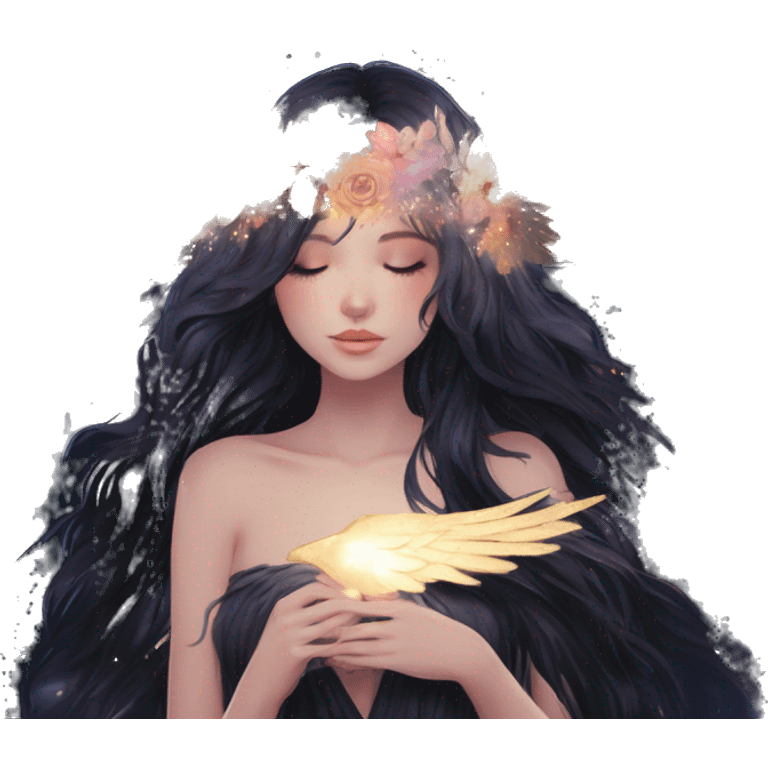 Black Raven wings bohemian girl Ethereal iridescent galaxy constellation girl angel raven wings black wings, gold arrow, nebula, flower crown, fairy lights, nature, shot by golden arrow emoji