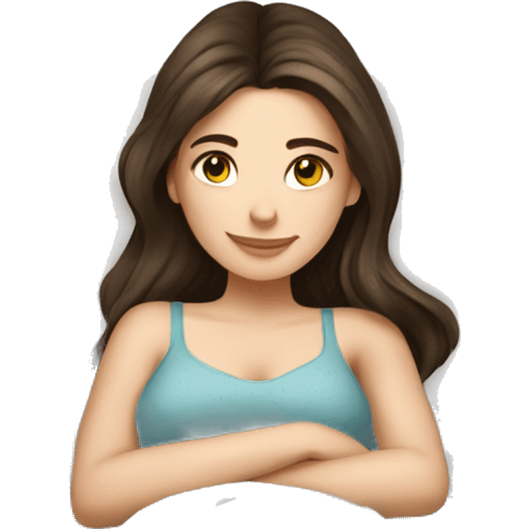 Cute white brunette girl relaxing in bed. Girly style. emoji