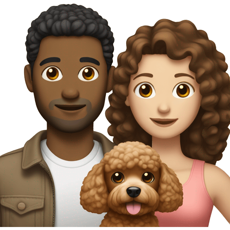 A couple consisting of white woman with straight dark hair and a mixed race man holding a toy poodle light brown color emoji