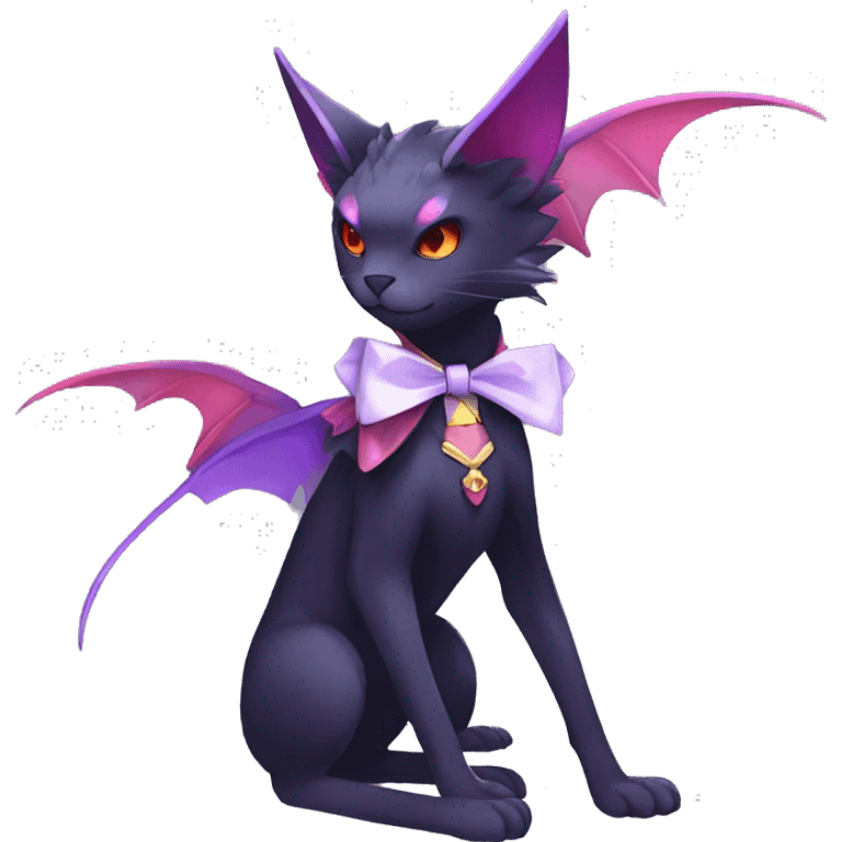 cool kawaii black purple red ethereal fantasy beautiful elegant nargacuga-Noivern-cat-Fakemon collar harness bow tie and bracers full body emoji