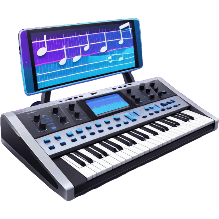 Create a professional and artistic emoji that represents sound design. The design should feature essential sound design equipment, including a high-end Korg synthesizer, a sound mixing console with visible wires, large studio speakers, and a microphone. Surround the equipment with flowing, abstract sound waves and musical notes to symbolize the fluid, creative nature of sound design. Add subtle effects like glowing sound frequencies or swirling patterns to represent the dynamic manipulation of sound. Use sleek, modern colors like black, silver, neon blue, and purple to evoke a sense of innovation and artistic exploration. The background should be transparent. emoji