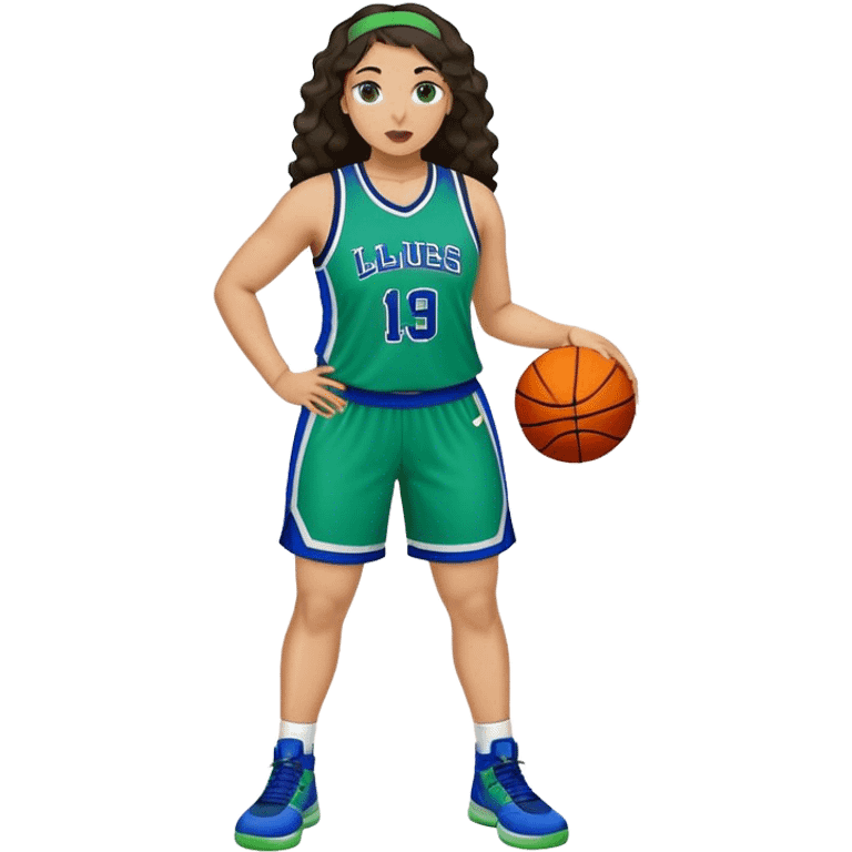 full body plus size light skin latino women basketball player with wavy dark hair large wide nose wearing blue with green uniform emoji