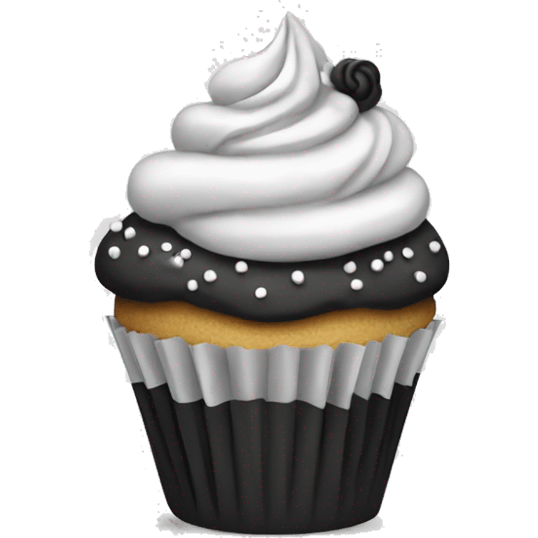 Silver cupcake. White frosting. Black sprinkles. emoji