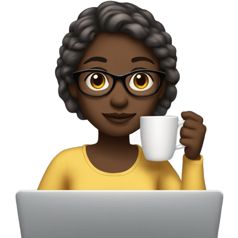 a clean girl drinking her hot coffee at in front of her laptop, she has black skin emoji