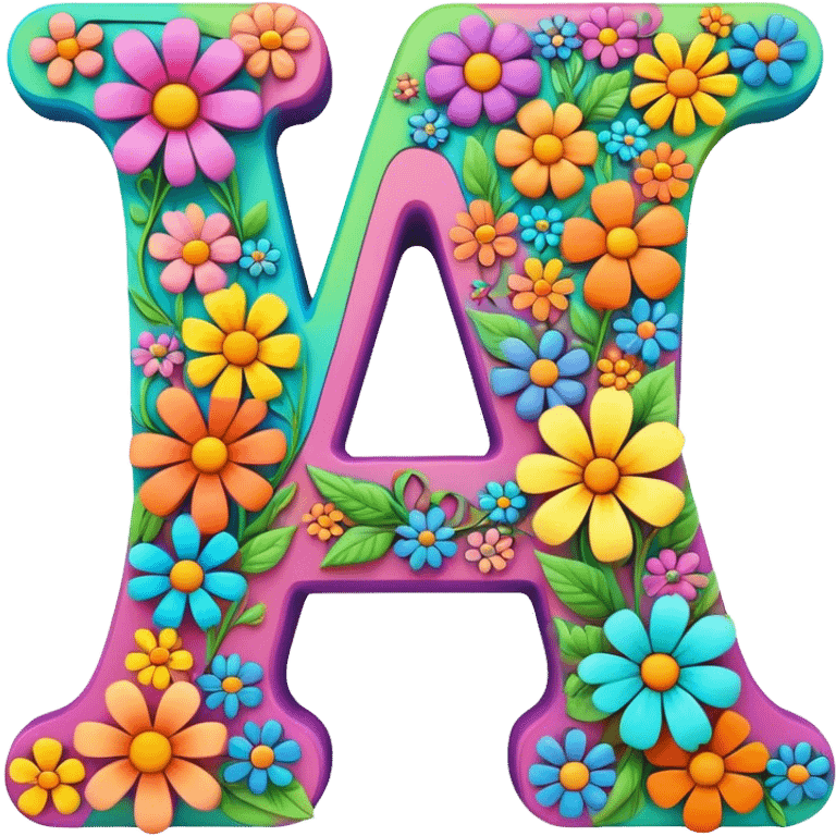 3D style, psychedelic colored Letter A, with hippie style flowers emoji