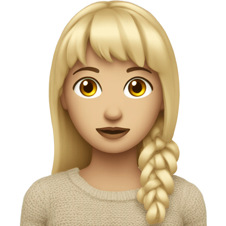 blonde woman with bangs brown eyes thinking about travel self knitted clothes emoji