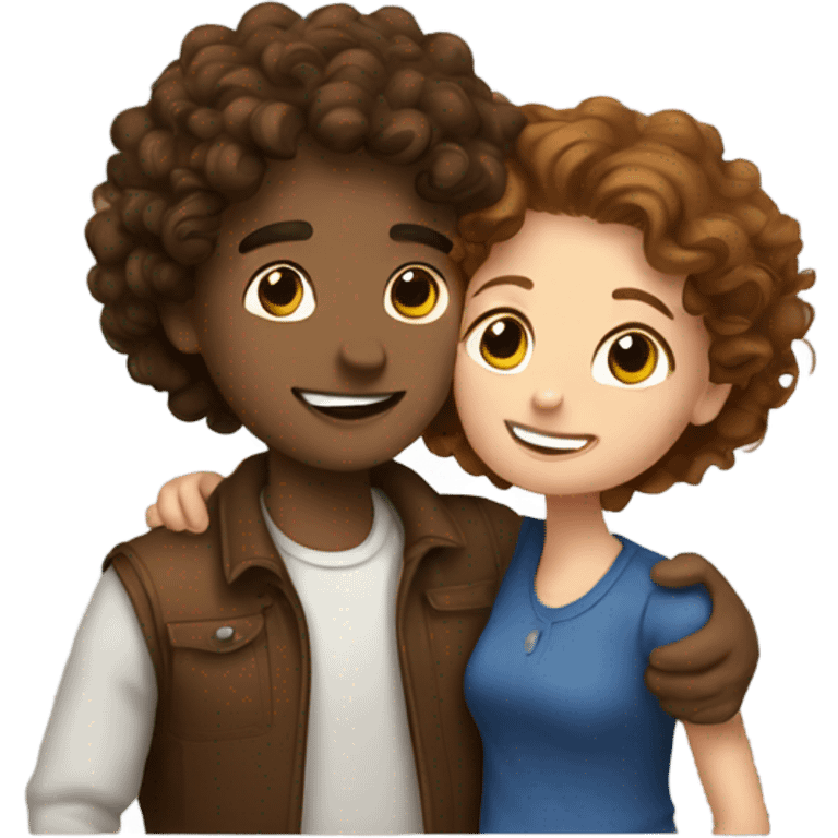 curly guy hugs a girl with brown hair emoji