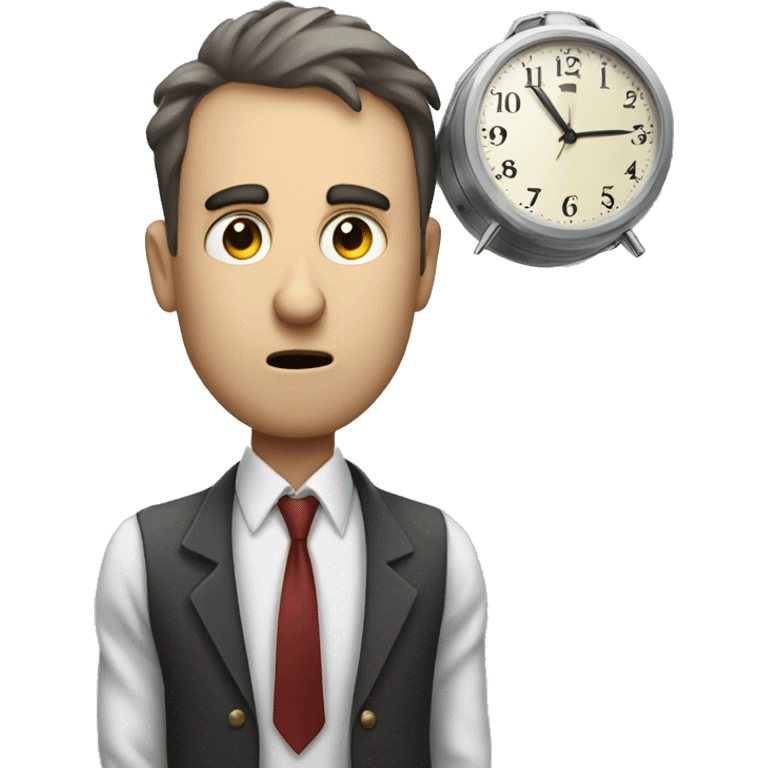 Tall man with alarm clock for head swept by tornado emoji