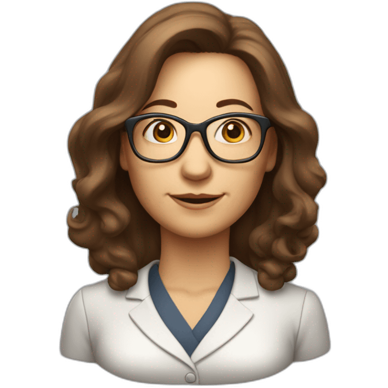 middle-aged accounting woman with brown longhair, a bang, glasses and a loop emoji