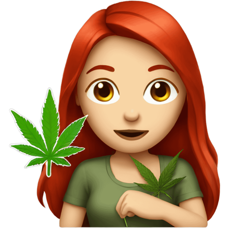 female blood red hair, sitting, holding marijuana leaf  emoji