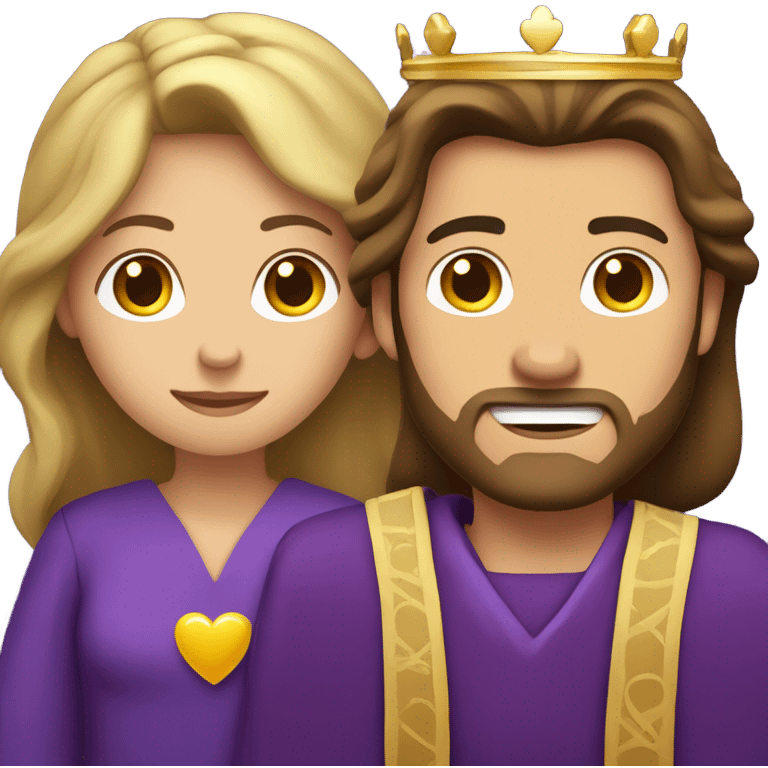 Caucasian long  brunette woman wearing formal royal purple robes and a crown whose face shows hearts to the man she adores  emoji