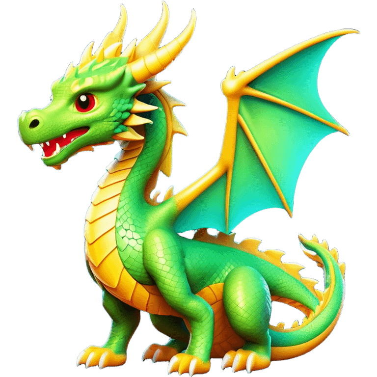 Clash of Clans aesthetic: Cinematic fierce Dragon Emoji, rendered in a 3D vector-style similar to standard emojis with minimal shading and bold, simplified shapes. A compact, isometric dragon with majestic wings and intricately scaled details, softly glowing with a legendary, mythical charm. Simplified yet unmistakably iconic, highly detailed and consistent, glowing with a soft radiant brilliance and high shine. Stylized with a touch of fantastical might and a soft glowing outline, capturing the essence of a mighty dragon with a friendly, playful demeanor! emoji