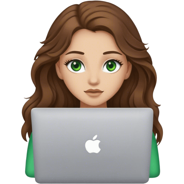 chica de ojos verdes con pelo marrón largo y ondulado, usando una  macbook emoji