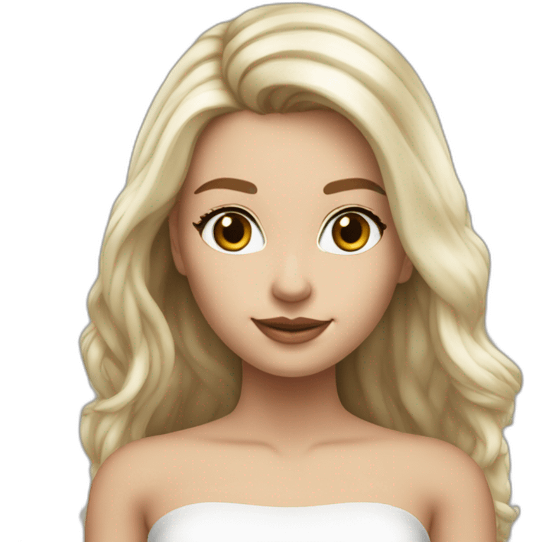 hyperrealist caucasian long hair blonde brown eyes strapless white top gray tight mini skirt black shoes complete body emoji