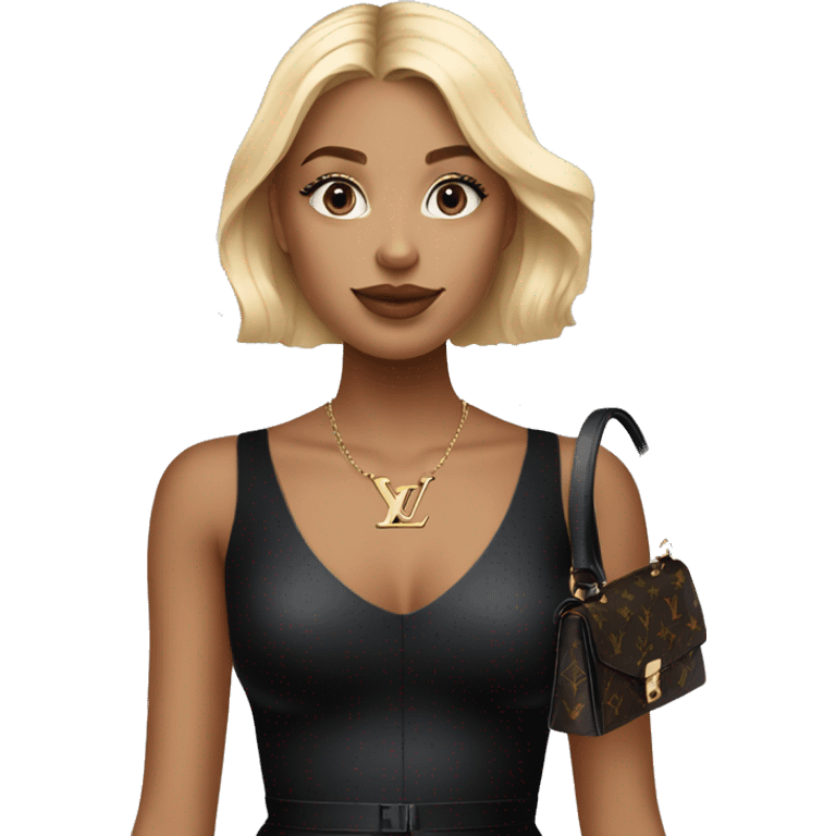 Blonde girl with Louis Vuitton monogram bag in tight short all black dress emoji