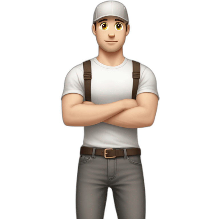 Pale skinned fit Man with dark brown hair in a light gray cap, dark brown jeans, brown polo and white T-shirt keeping a pasted with tape white box into his hands emoji