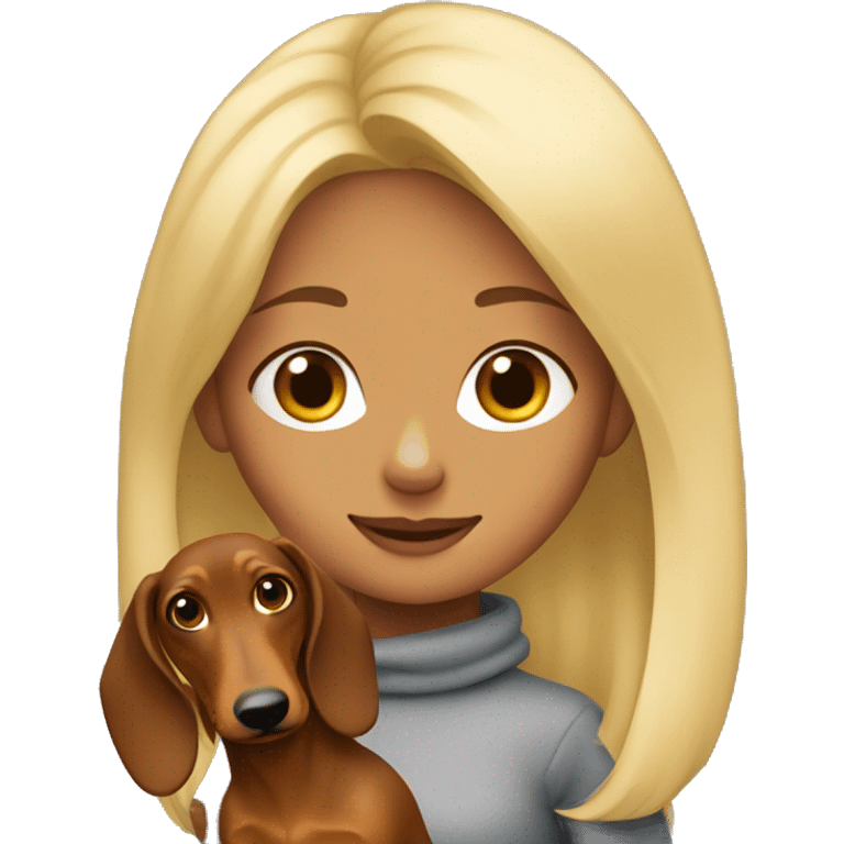 A girl with blonde hair with a brown dachshund in her arms emoji