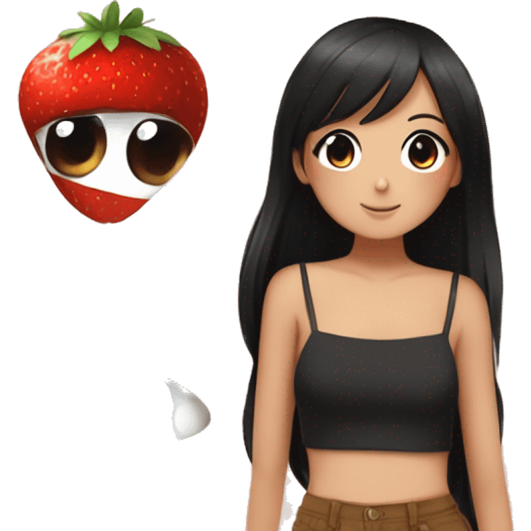 Anime-Style Eyes. Lady. Kawaii. Cottagecore. Brown Skin. Black hair. Hold a giant strawberry emoji