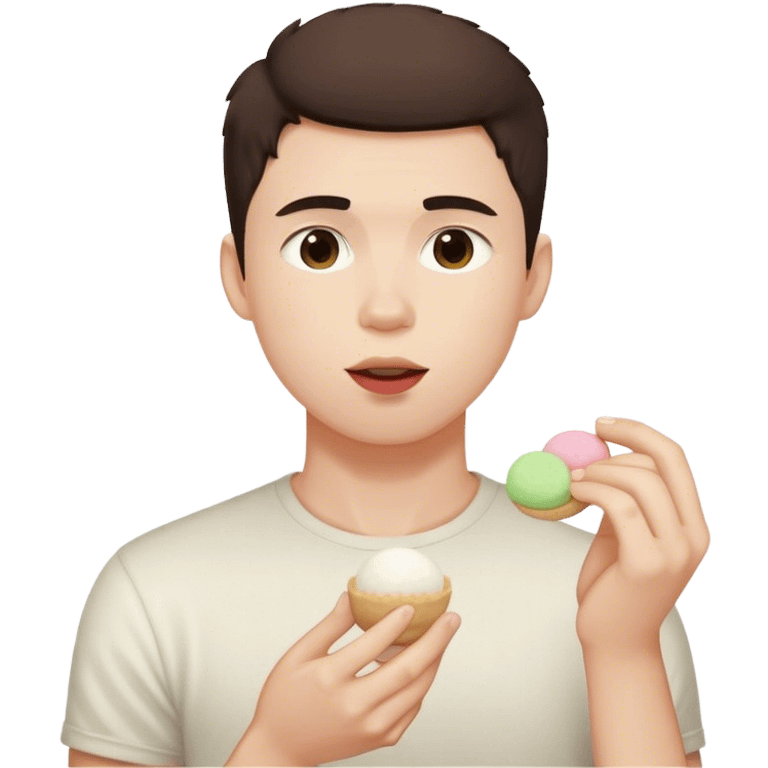 Young white make with dark brown hair, short taper fade eating mochi emoji