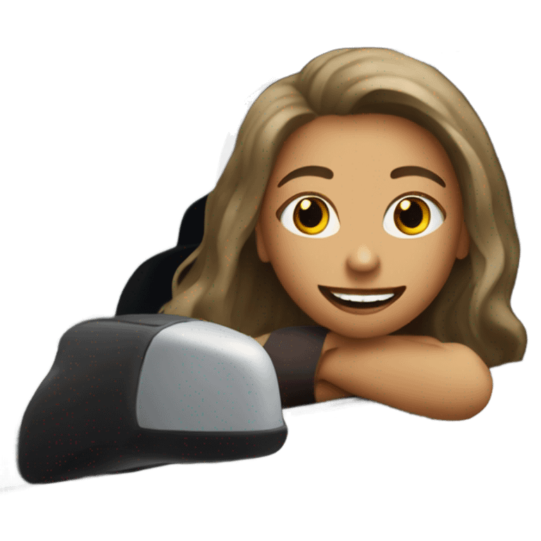 smiling girl with long hair red lips head sticking out of window of car emoji