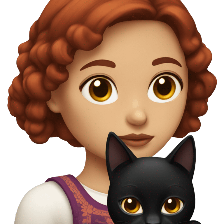 Mexican girl with black eyes and dark red hair holding a black cat emoji