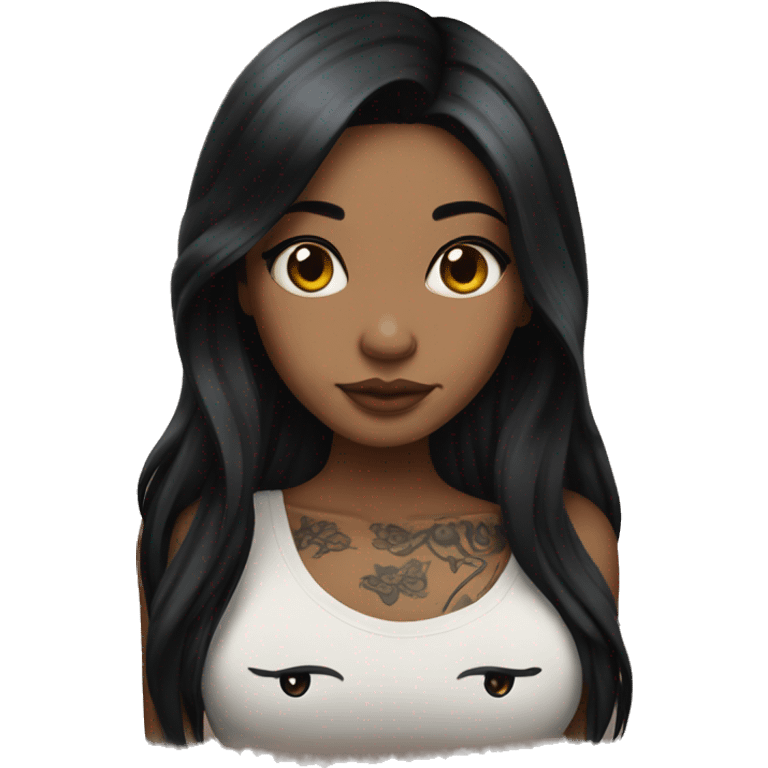 beautiful girl with tattoos, with long black hair and medium skin  , with black kitty emoji