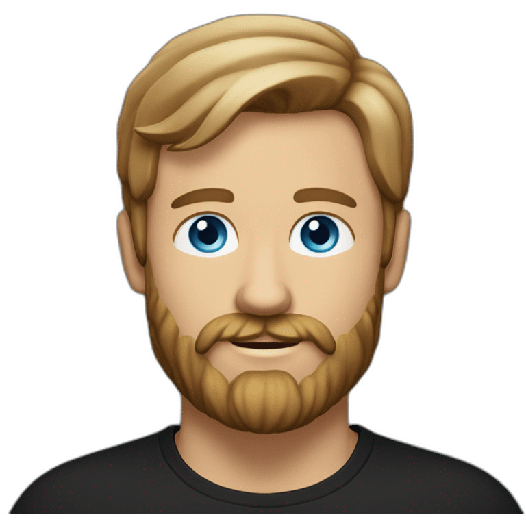 White man with a sun kissed tan and blue eyes. His hair is dark brown, styled sideways backwards. He has a beard and mustache trimmed. Wears a black t-shirt, Apple pencil behind his ear. emoji