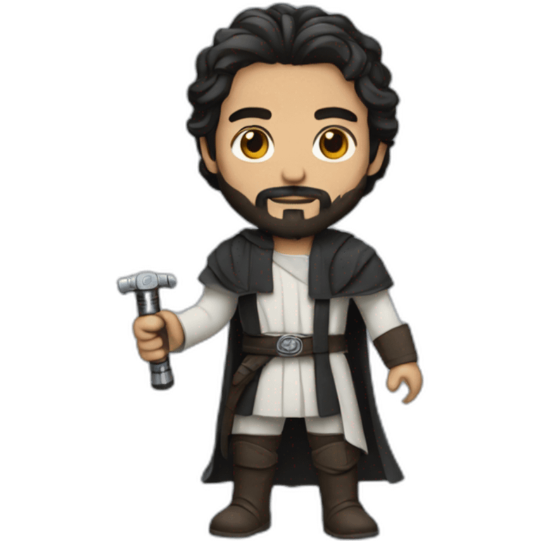 A white Portuguese with black and medium-length hair and a beard holding a lightsaber emoji