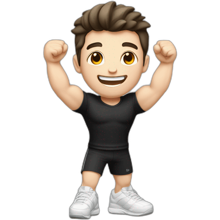 Joyful Celebrating victory Pale skinned Fit Man With the biceps and dark brown hair in black shirt, gray sports shorts and white Sneakers emoji