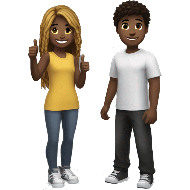 A black (African American) Roblox girl, a white American Roblox boy standing together. Both of them giving a thumbs up and smiling emoji