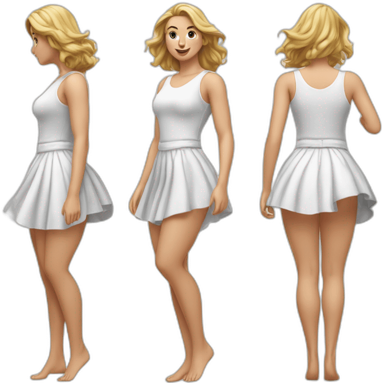 hyperrealistic-full-body-caucasian-curvy-beauty-jumping-small white-skirt-back-and-front-views-strong-wind-knickers emoji