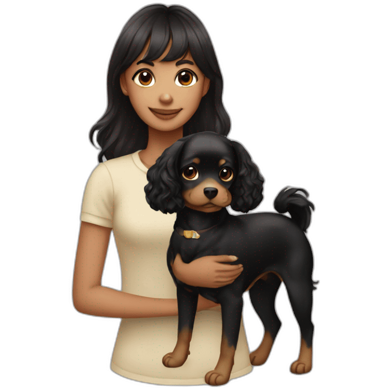 girl with long wavy hair and short bangs with her pet - black chichuachua emoji