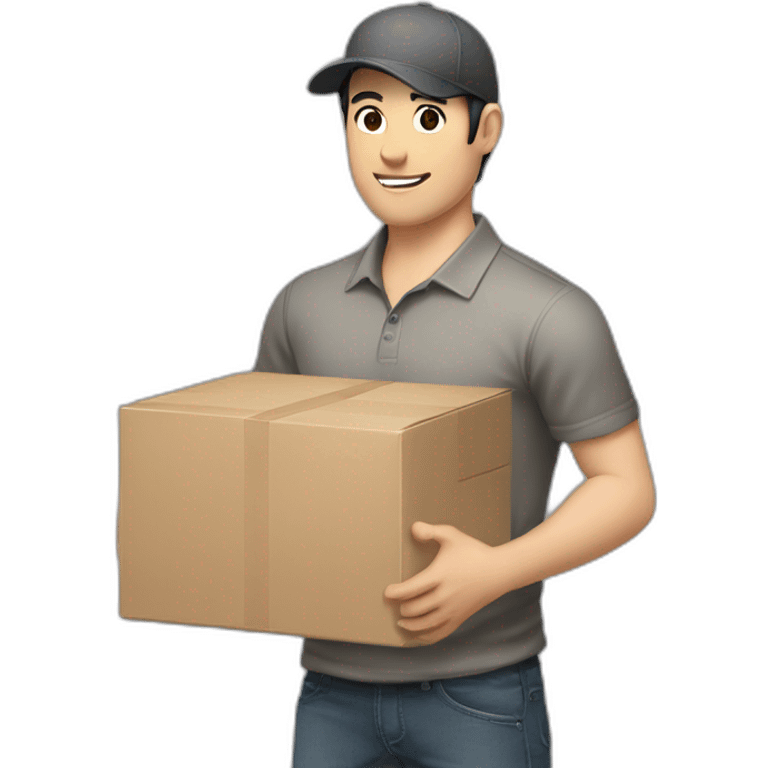 Pale skinned fit Man with black hair in a dark gray cap, gray jeans and beige polo T-shirt keeping a pasted box into his hands emoji