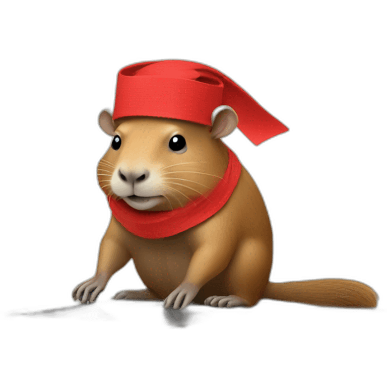 capybara in a red bandage on his head disassembles a tablet with his foot emoji