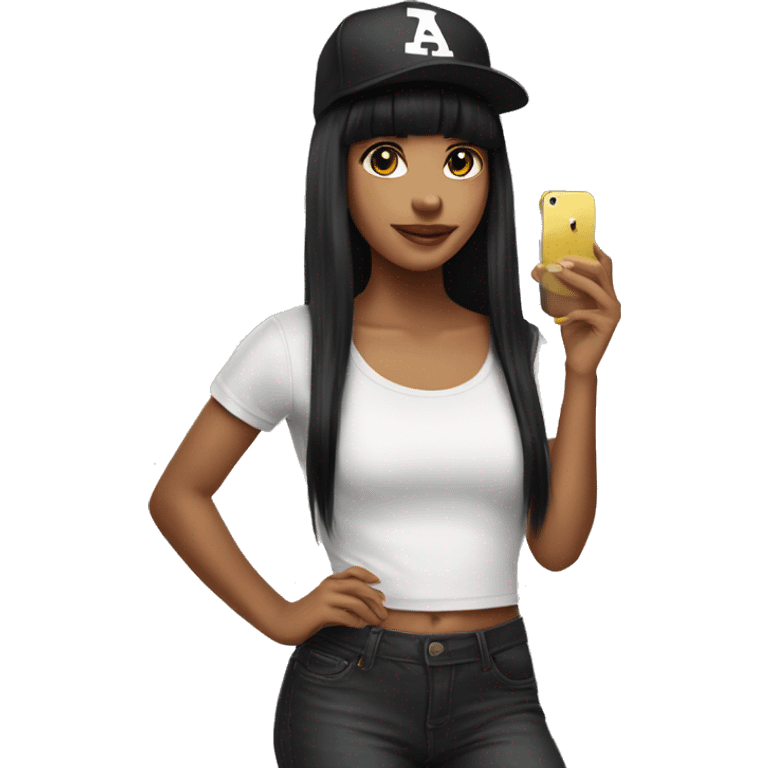 Girl with black hair and bangs wearing snap back cat with iPhone in hang emoji