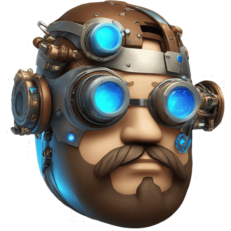 Fat cyborg head with blue steampunk goggles, brown beard and circuits emoji